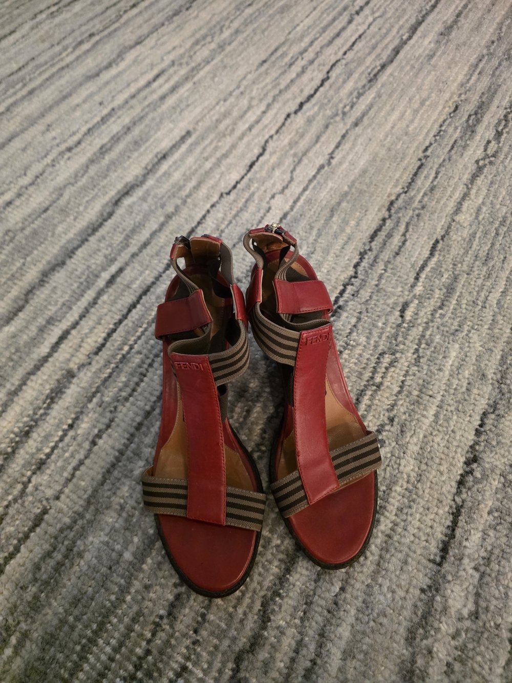 Fendi Red Leather & Striped Elastic Sandals